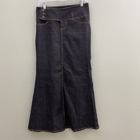 Paris Blues Denim Maxi Skirt Dark Wash Flared 90s Y2K Juniors Size 3 - Picture 1 of 14